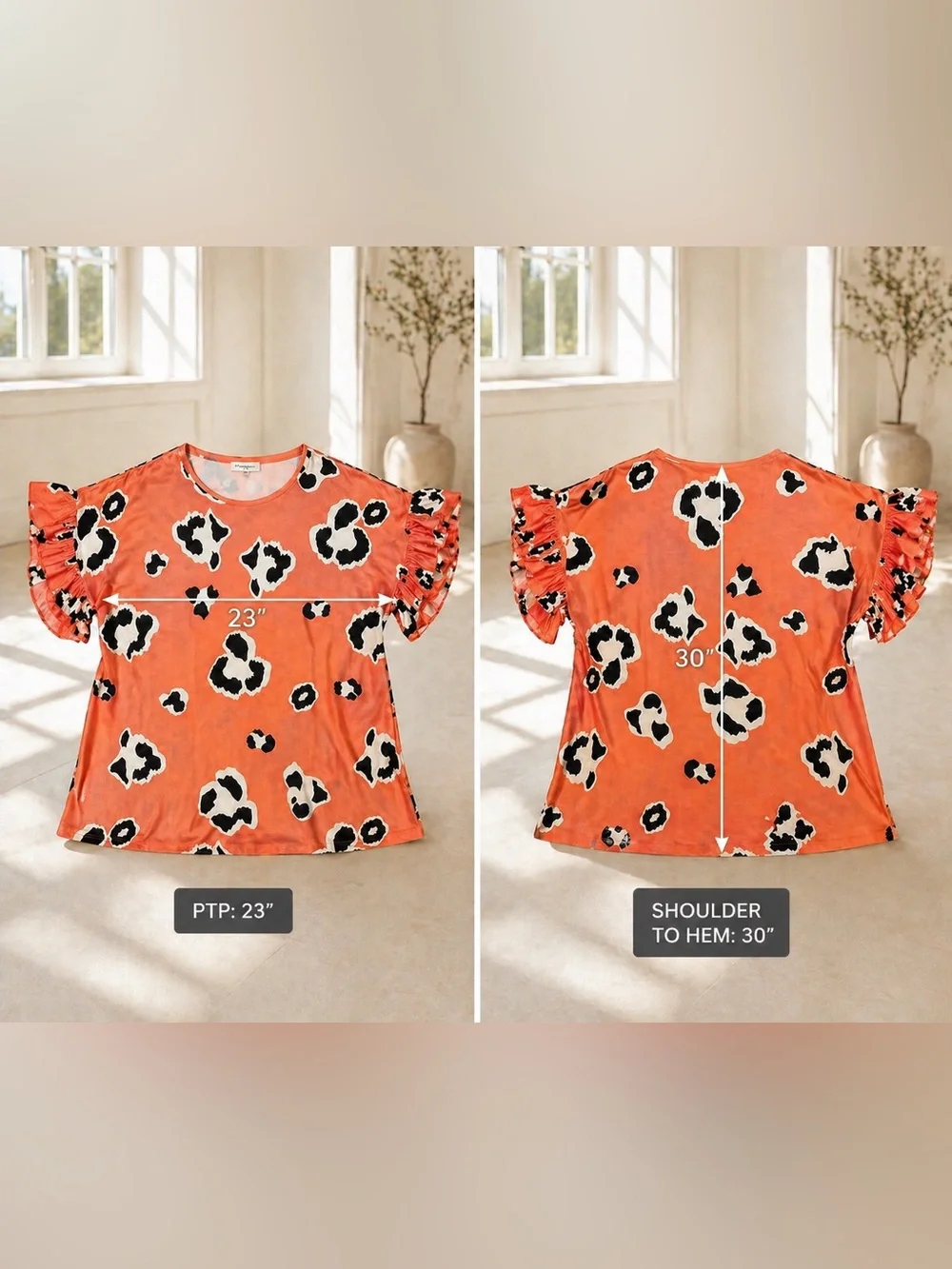 Southern Stitch Women's Coral Leopard-Print Ruffle Sleeve Tee Size XL EUC - Picture 3 of 4